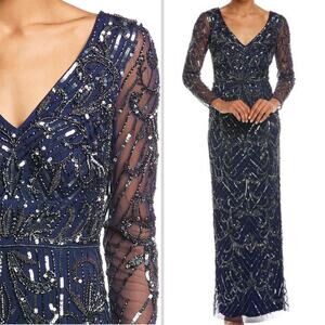 NWT AIDAN MATTOX DRESS BEADED SEQUIN NAVY BLUE SILVER GOWN SHEER MESH METALLIC